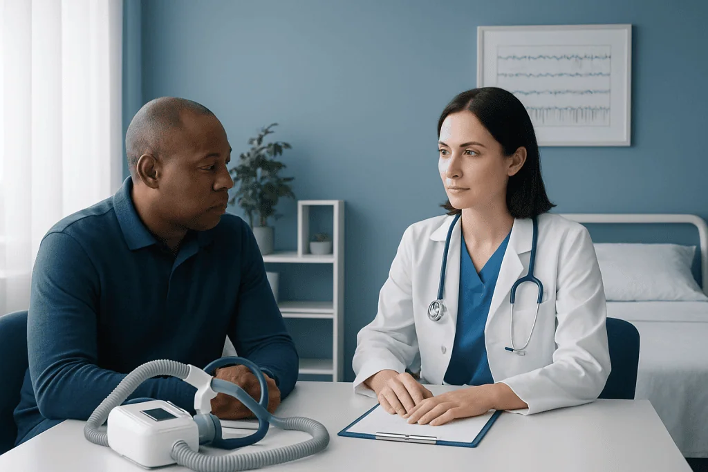 Doctor consulting with patient about sleep apnea testing options.
