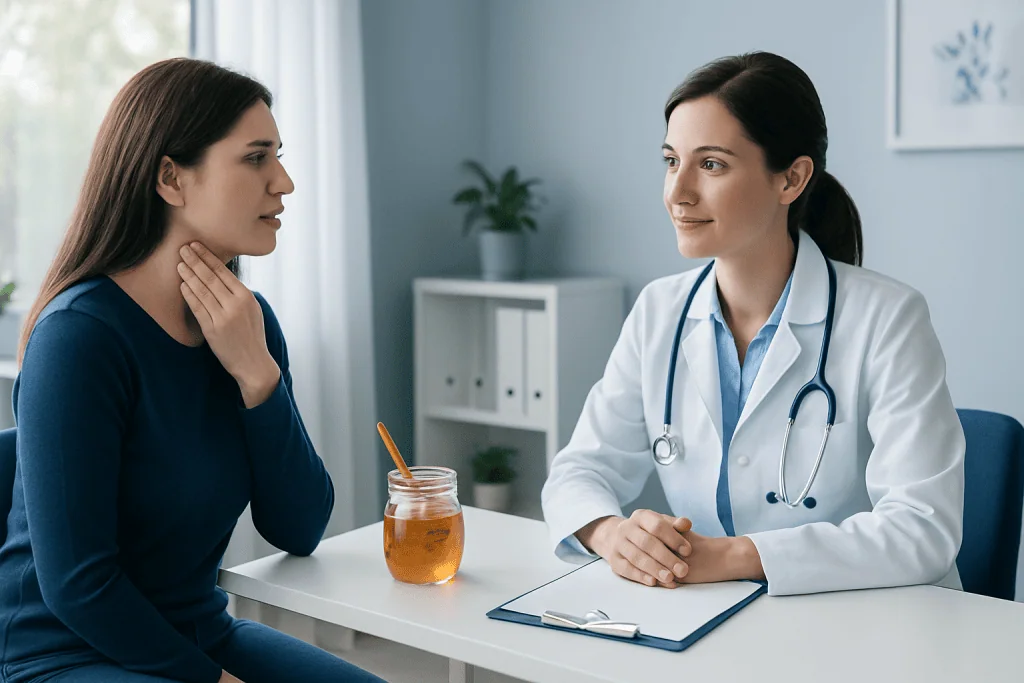 Doctor consulting with a patient about sore throat remedies at Acibadem Hospital.