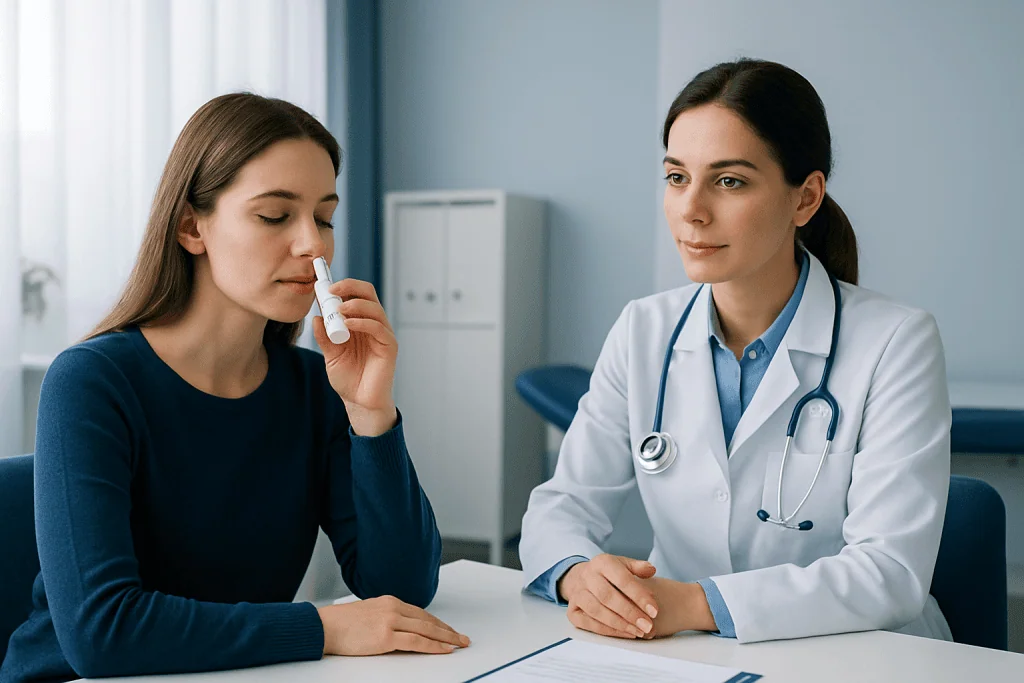 Doctor explains nasal spray usage to a patient in a clinical setting.