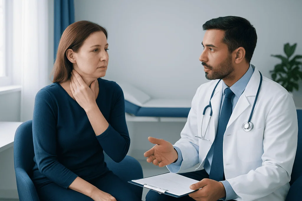 Doctor explaining treatment to a woman patient in a clinic setting.