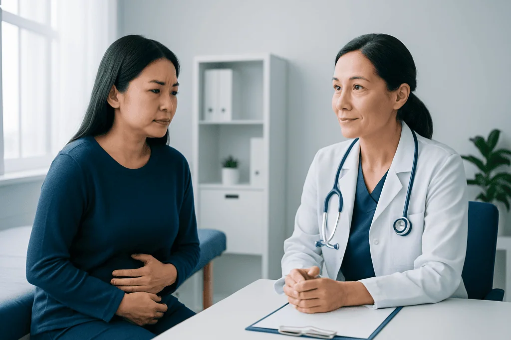 Doctor consulting with patient about digestive health and stool softeners.