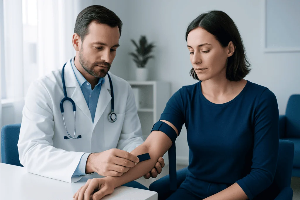 Doctor applying a tourniquet on a patient's arm in a medical consultation.