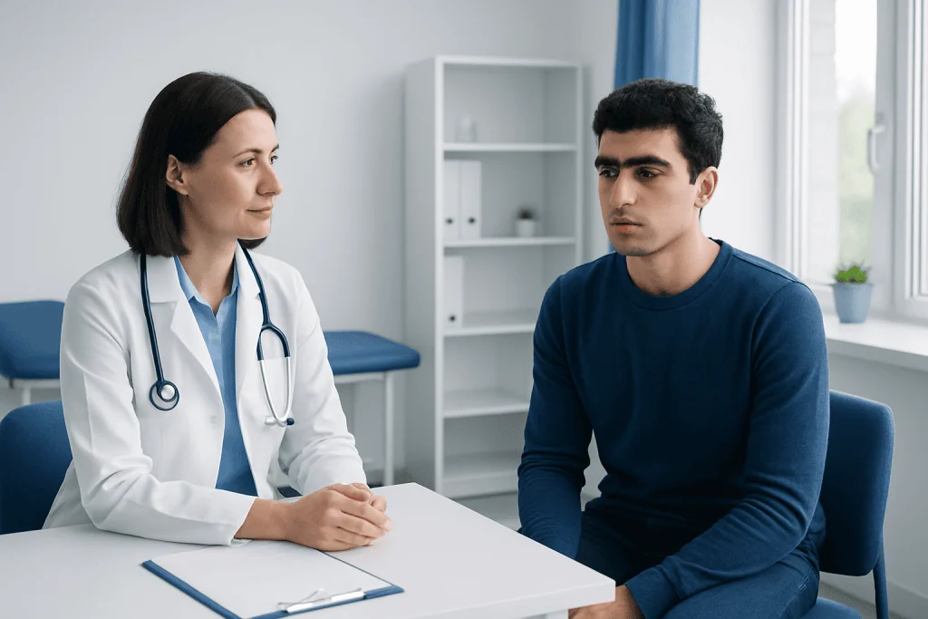 Doctor consulting with a young male patient in a medical office.