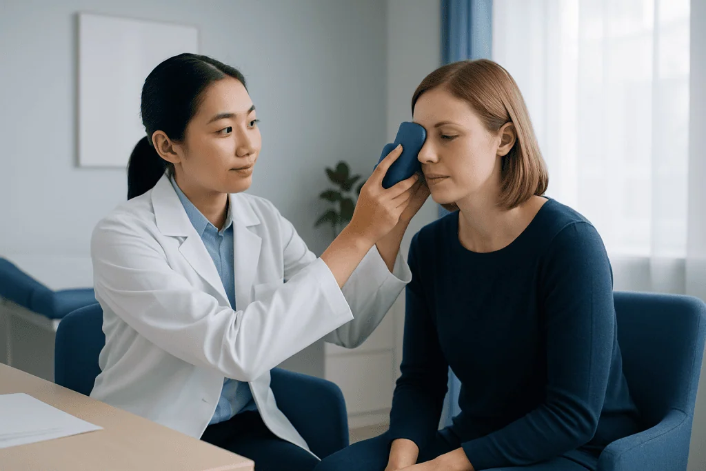 Doctor applying cold compress to patient's forehead for medical treatment.