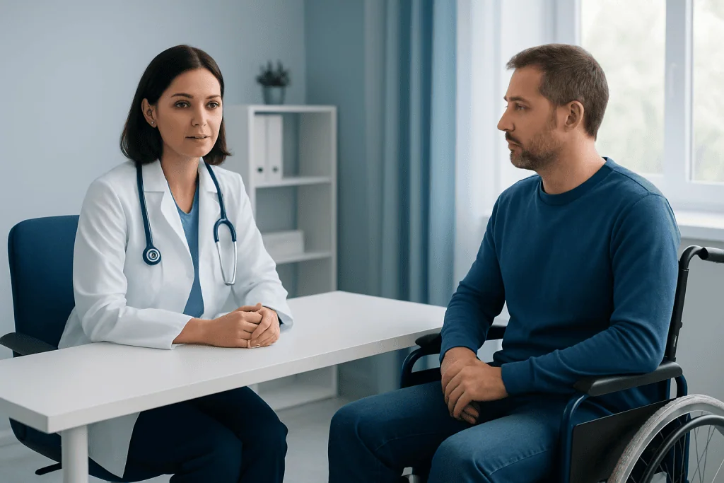 Doctor consulting with a male patient in a wheelchair in a medical office.