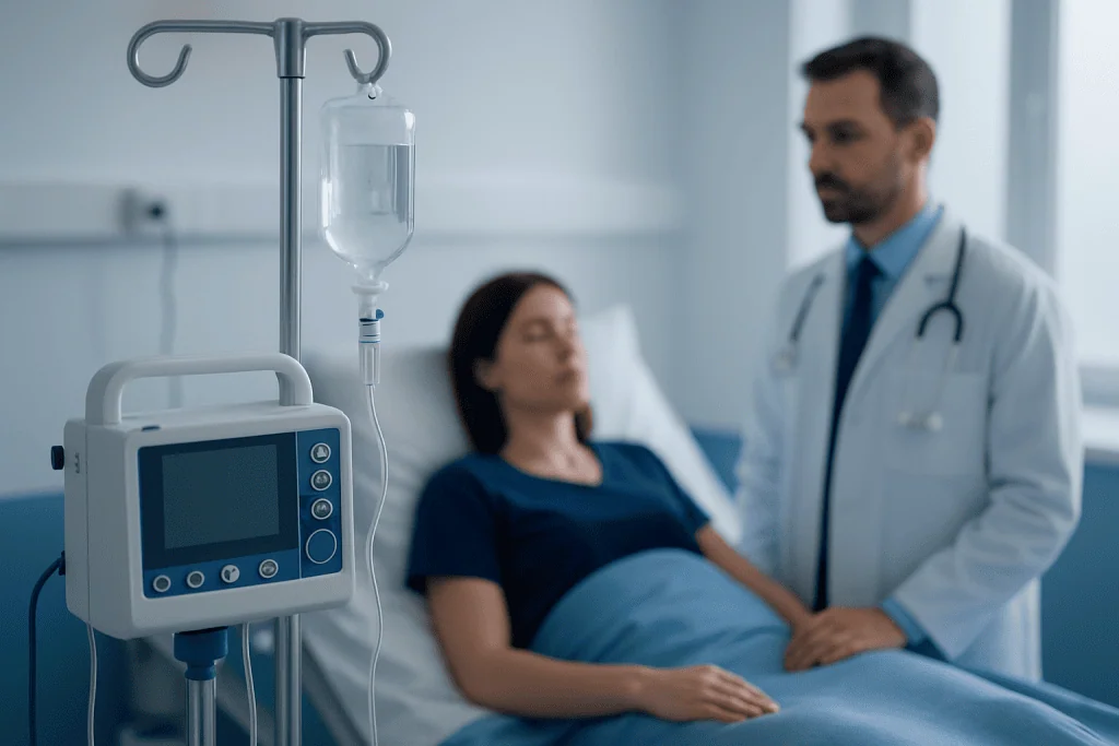 Doctor consulting patient in hospital room with IV drip and medical equipment.