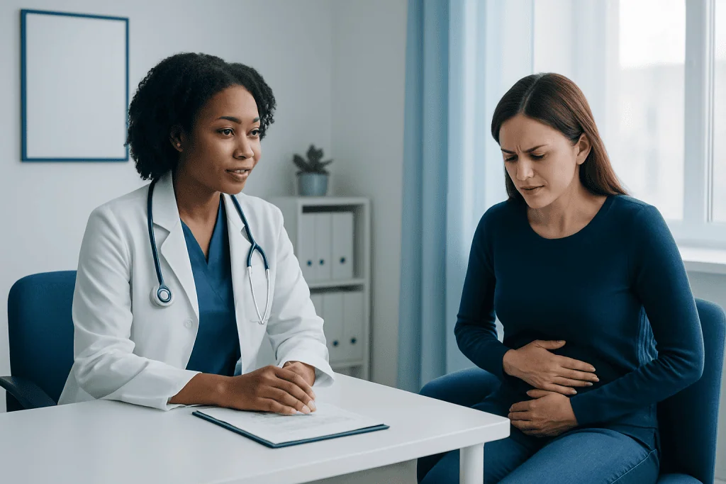 Doctor consulting with a patient experiencing abdominal pain in a medical office.