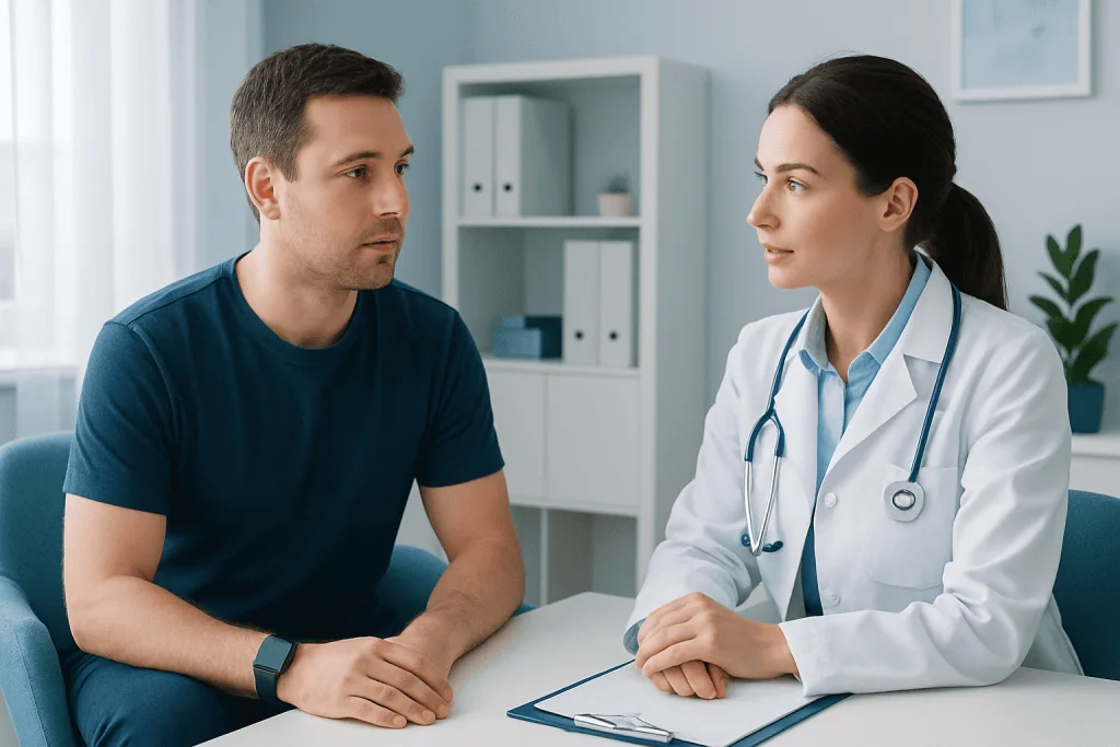 Doctor consulting with patient in a medical office setting.