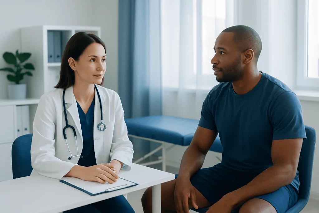 Doctor consulting with a male patient in a medical office.