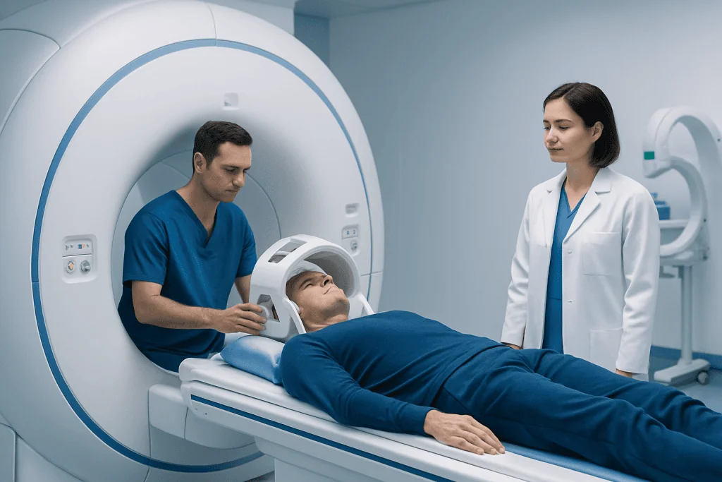 Patient undergoing MRI scan at Acibadem Hospital for advanced neuroradiology.