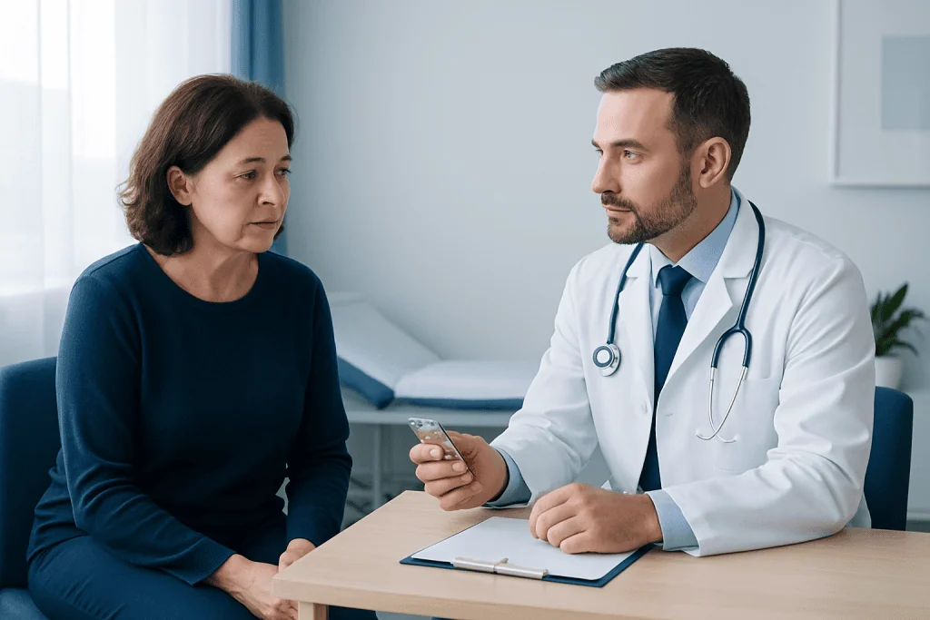 Doctor consulting with a female patient in a medical office.