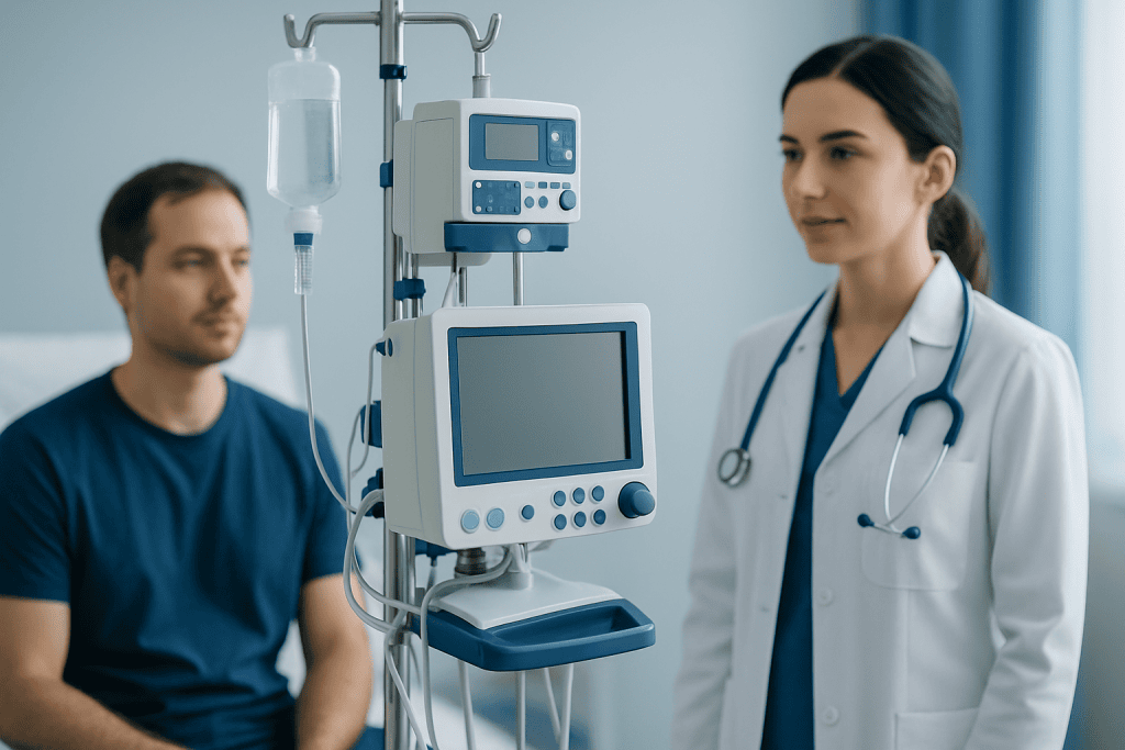 Doctor and patient in hospital room with medical equipment.