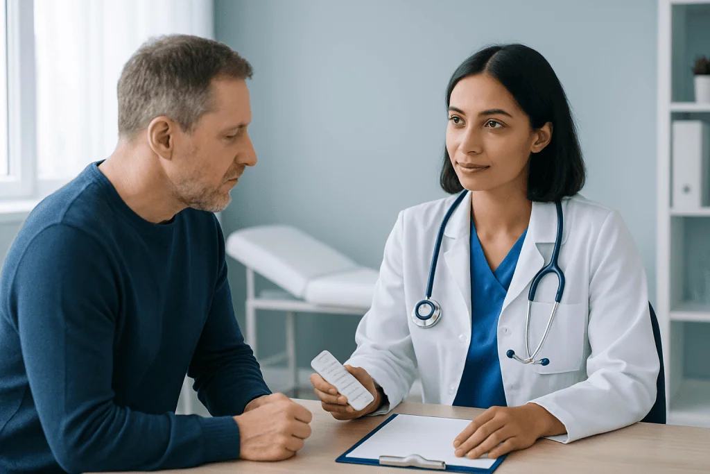 Doctor consulting with a patient in a medical office setting.