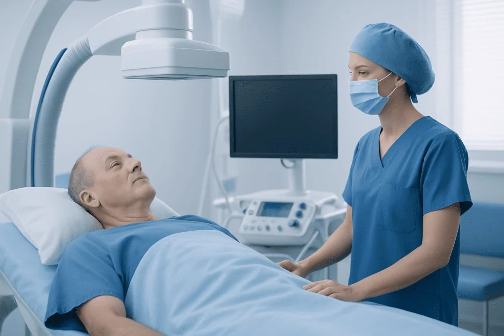 Medical professional preparing patient for angiogram procedure in hospital.
