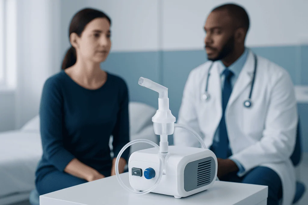 Doctor explaining inhaler device to patient in hospital setting.