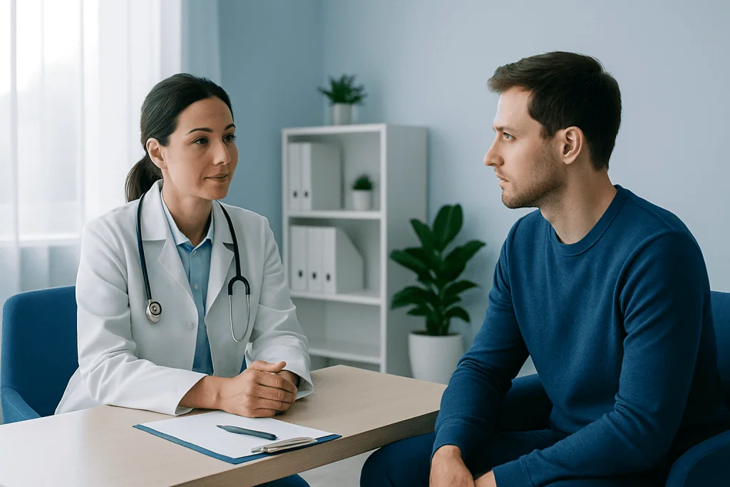 Doctor consulting with a male patient in a modern medical office.