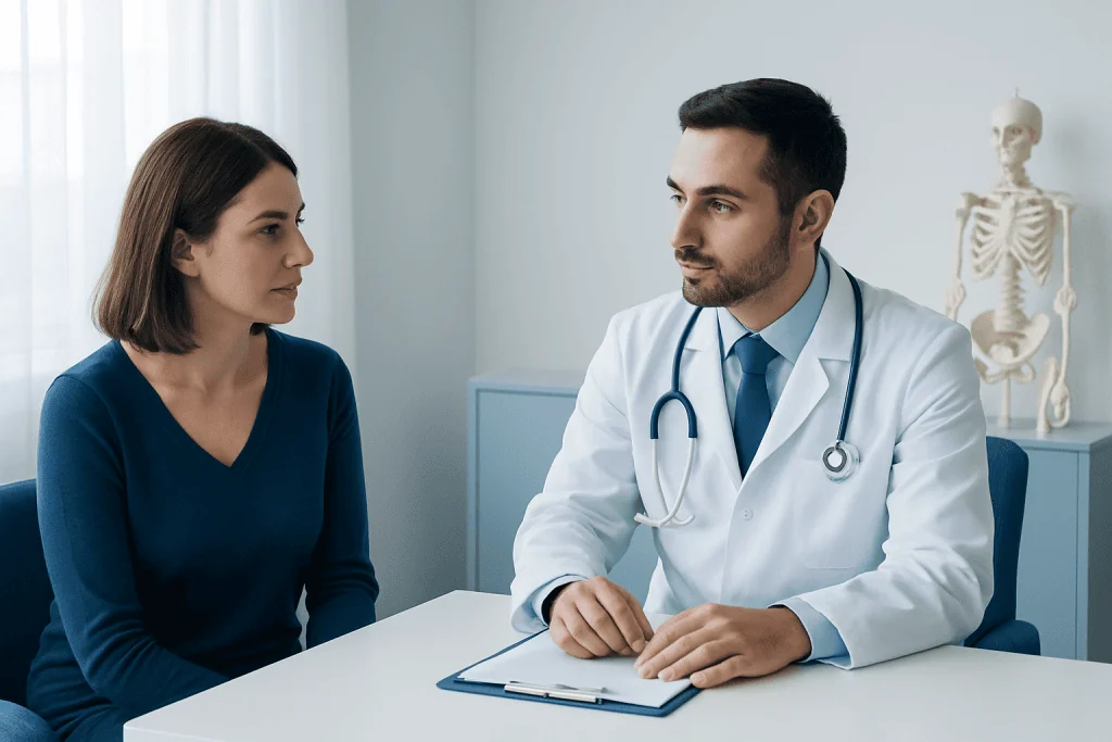 Doctor consulting with a female patient in a medical office.