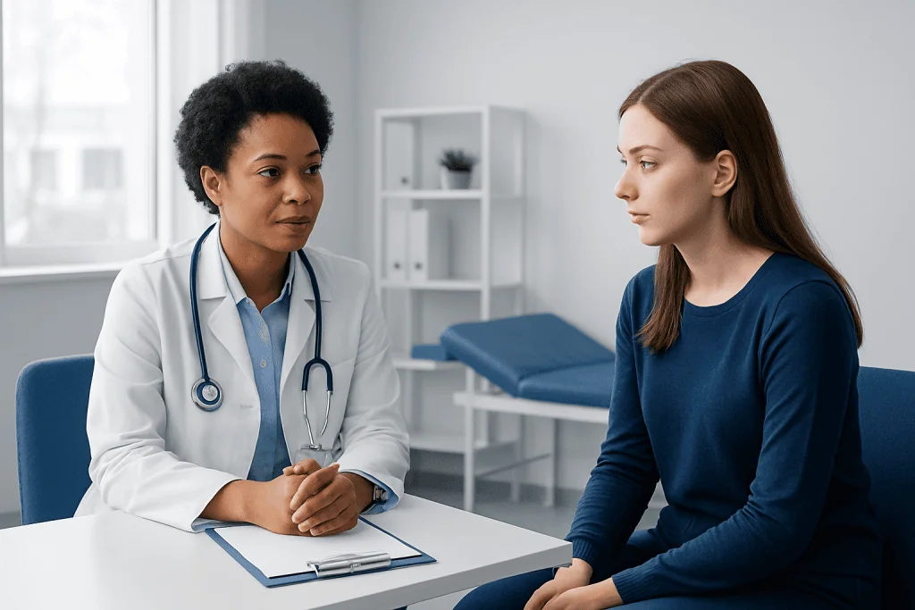 Doctor consulting with a patient in a modern medical office.
