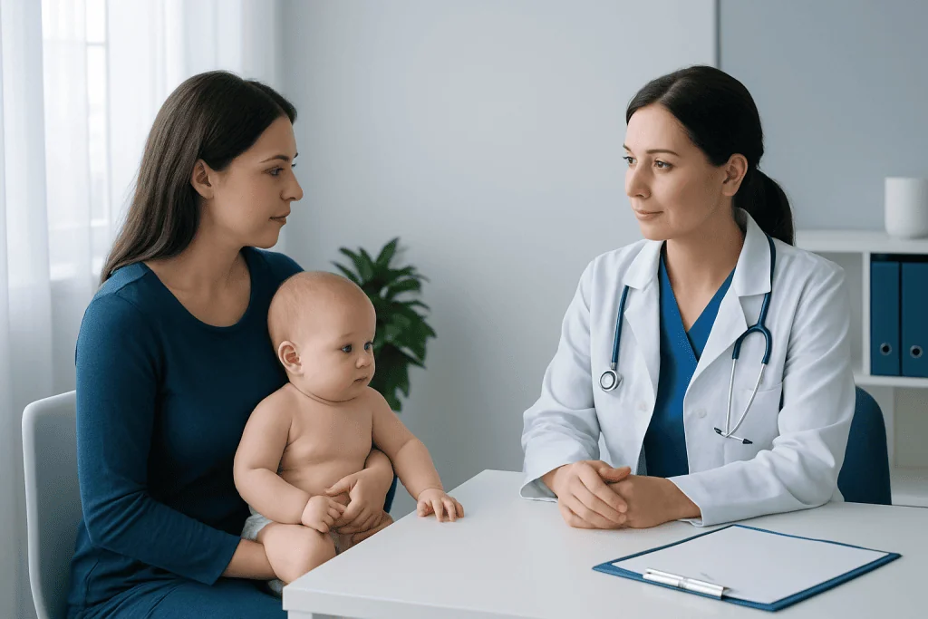 Pediatric consultation with a doctor and mother with baby in clinic.