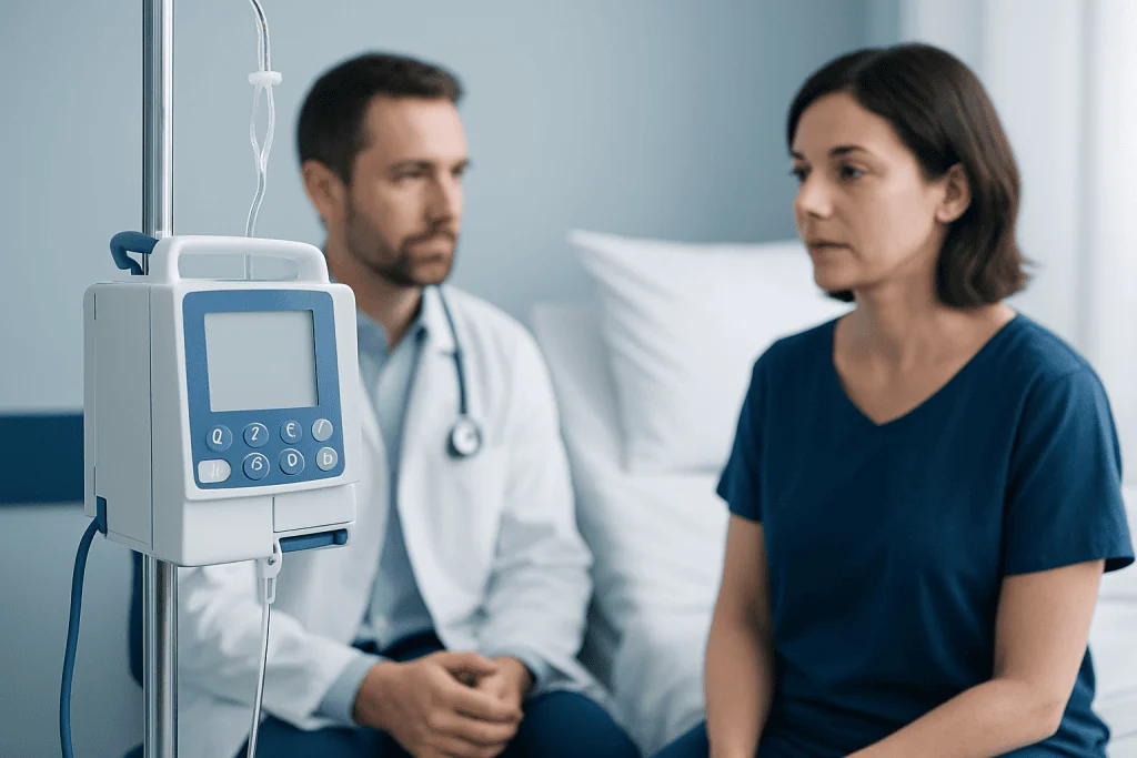 Doctor and patient discussing treatment in hospital room with medical monitor.