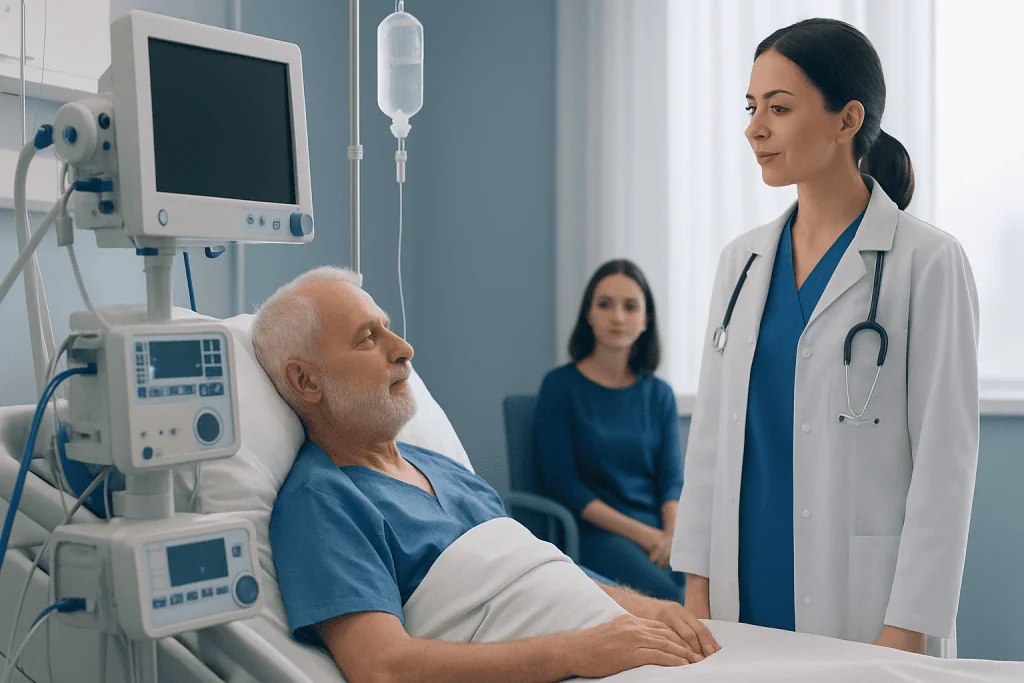 Doctor consulting with elderly patient in hospital room with medical equipment.