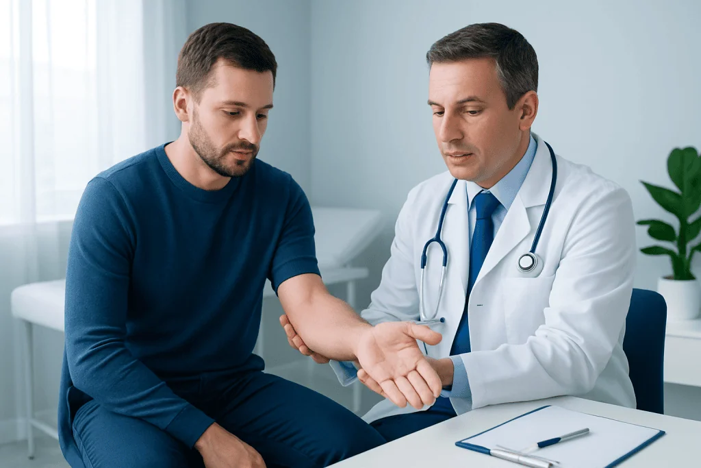 Doctor examining patient's arm for ulnar nerve issues in a clinical setting.