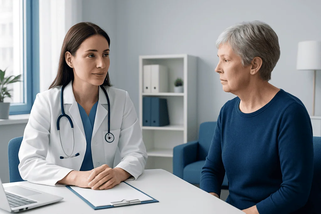 Doctor consulting with an elderly female patient in a modern clinic.