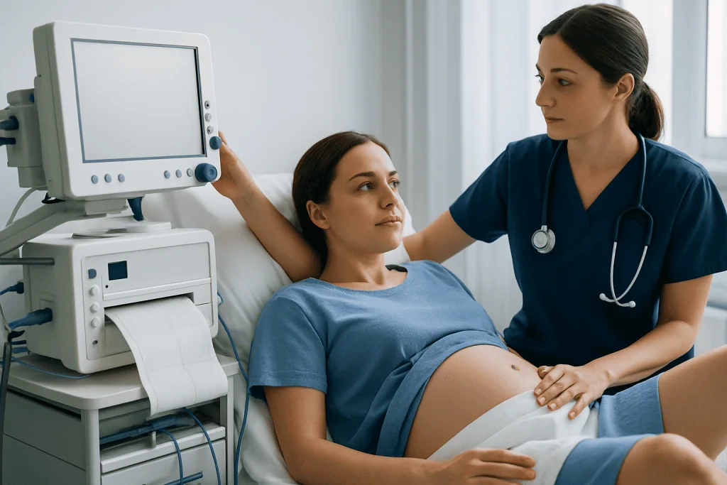 Pregnant woman in hospital bed with medical staff and monitoring equipment.