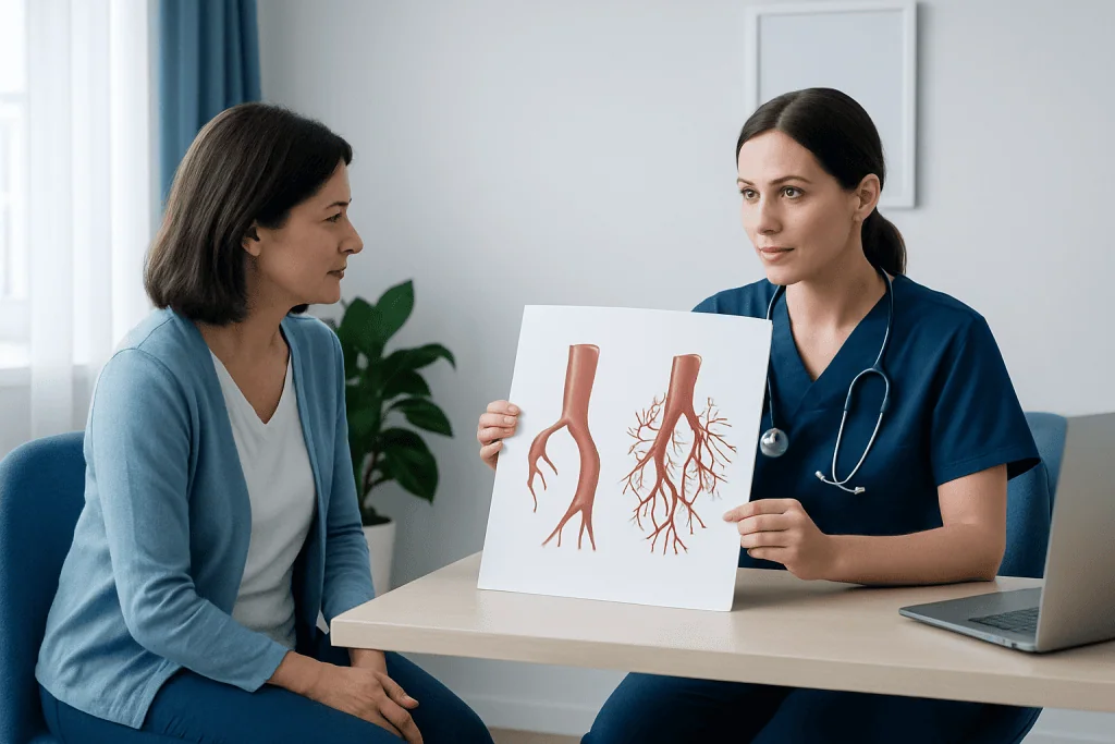 Doctor explaining vascular anatomy to patient with diagram of arteries and veins.