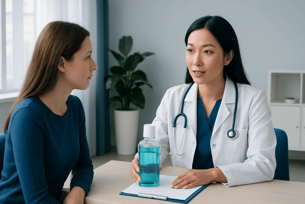 Doctor explaining antibacterial mouthwash to patient in clinic setting.