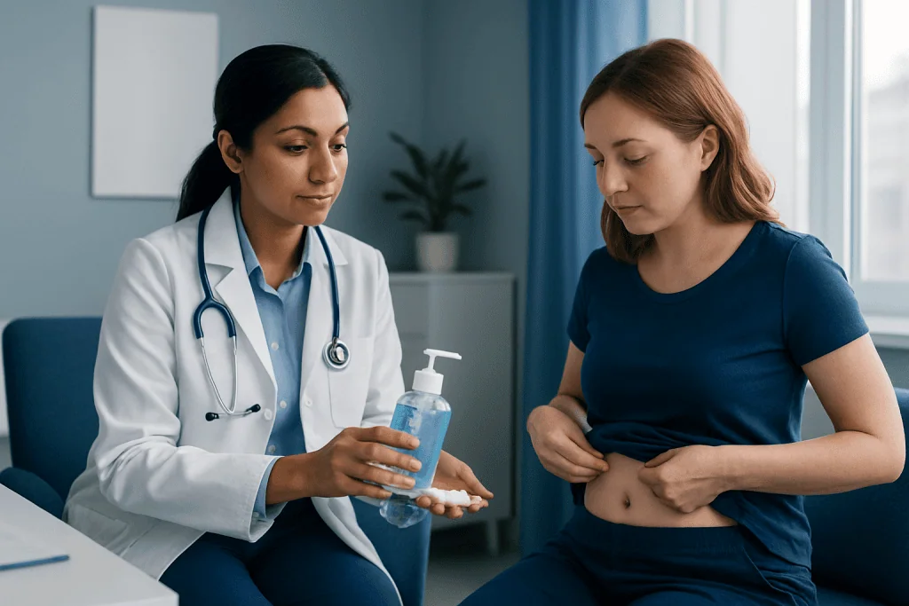 Doctor explaining belly button care to a patient in a clinic setting.