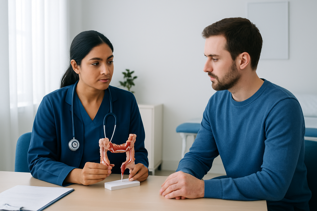 Doctor explaining appendix to patient in consultation room.