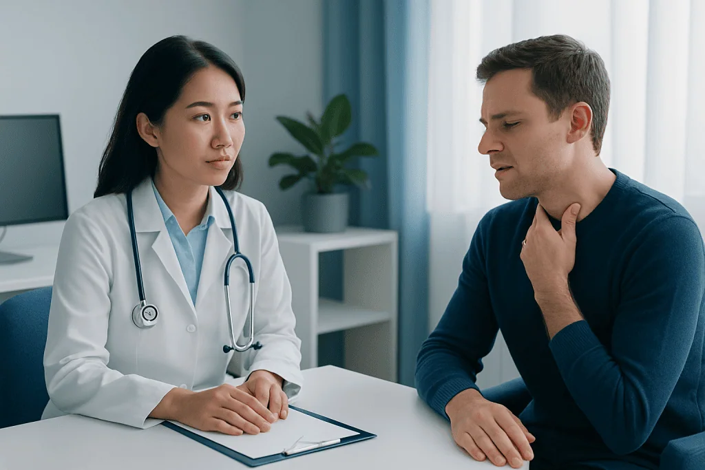 Doctor consulting with a patient about respiratory health in a clinic setting.