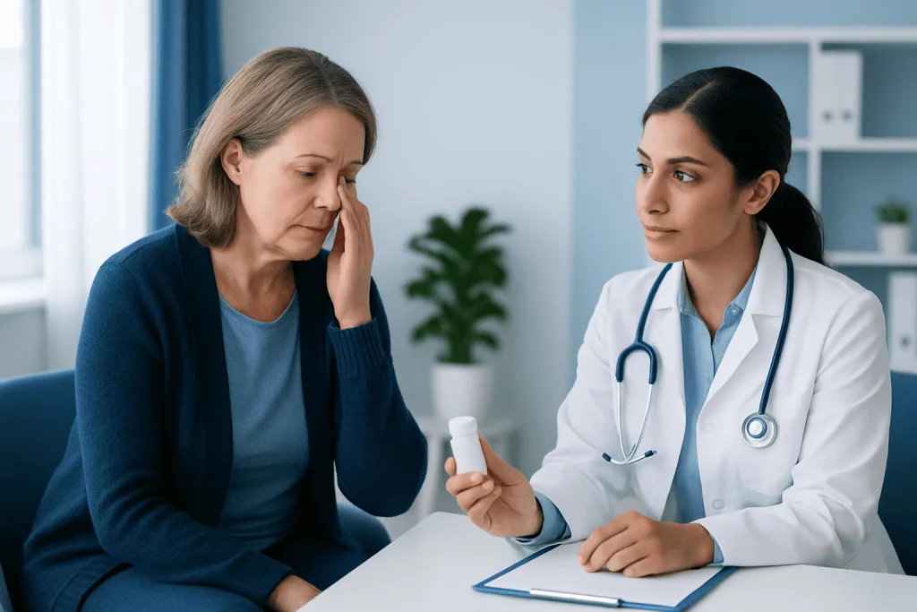 Doctor explaining medication to a worried patient in a clinic setting.