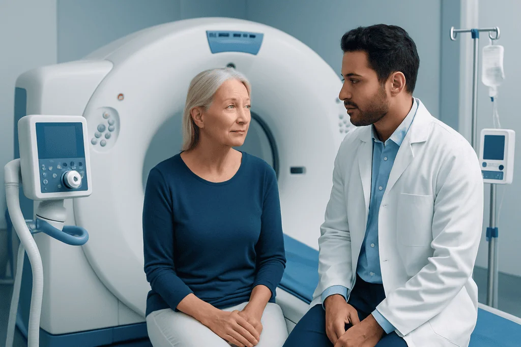 Medical consultation with a doctor and patient in a hospital MRI room.