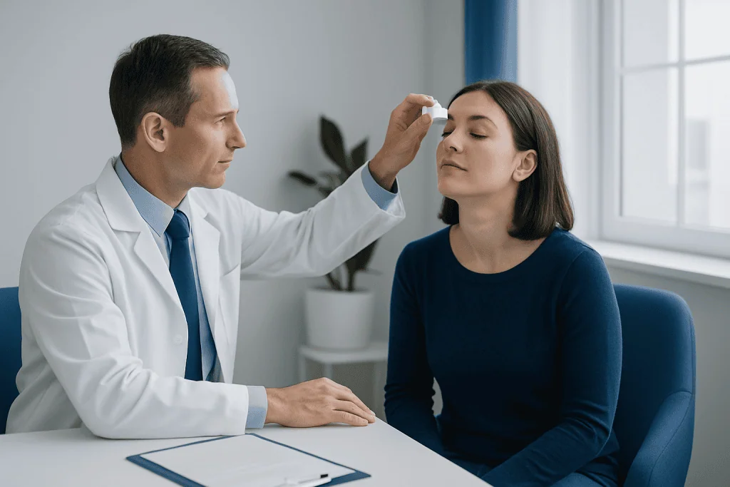 Doctor examining patient's eye with eye drops in a clinical setting.