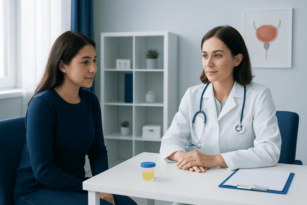 Doctor consulting patient in a medical office with urine sample on the table.