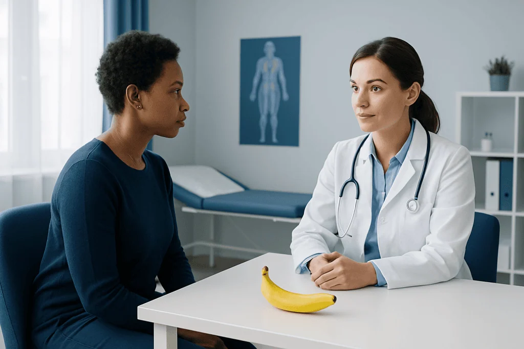 Doctor consulting with patient in medical office with banana on table.