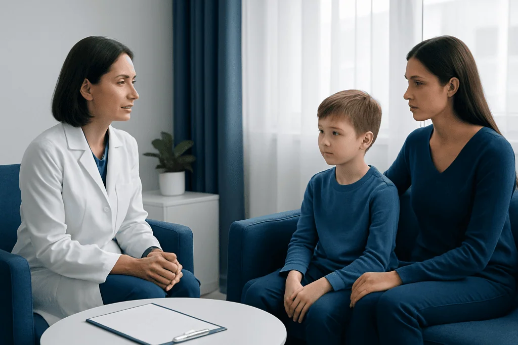 Doctor consulting with a young patient and mother in a medical office.