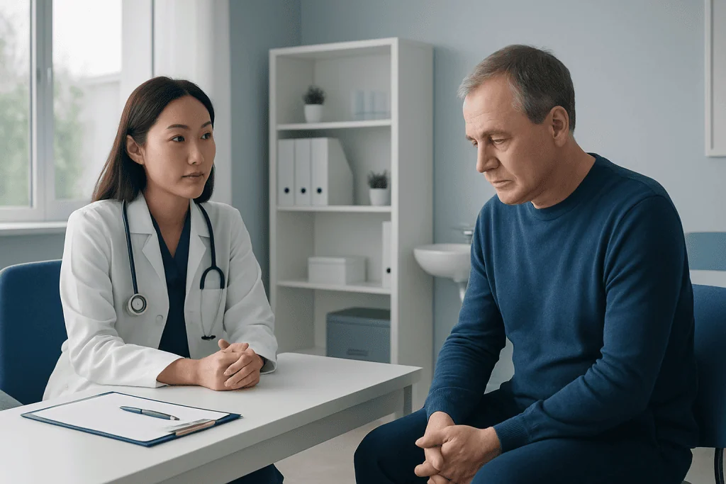 Doctor consulting with a patient in a modern medical office.