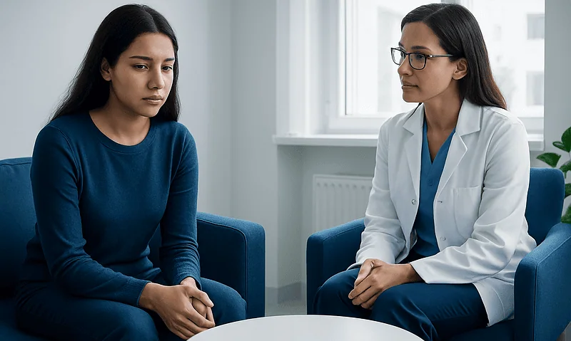 Counseling session with a woman and a healthcare professional in a clinic.