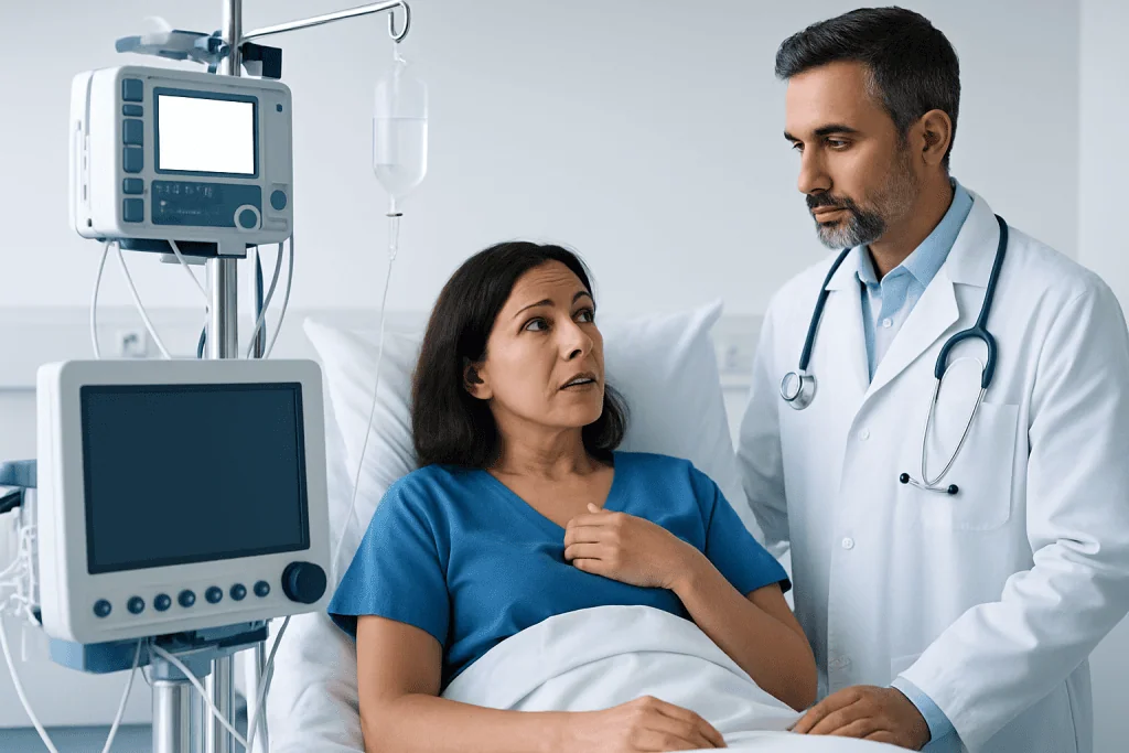 Doctor consulting patient in hospital room with medical equipment.