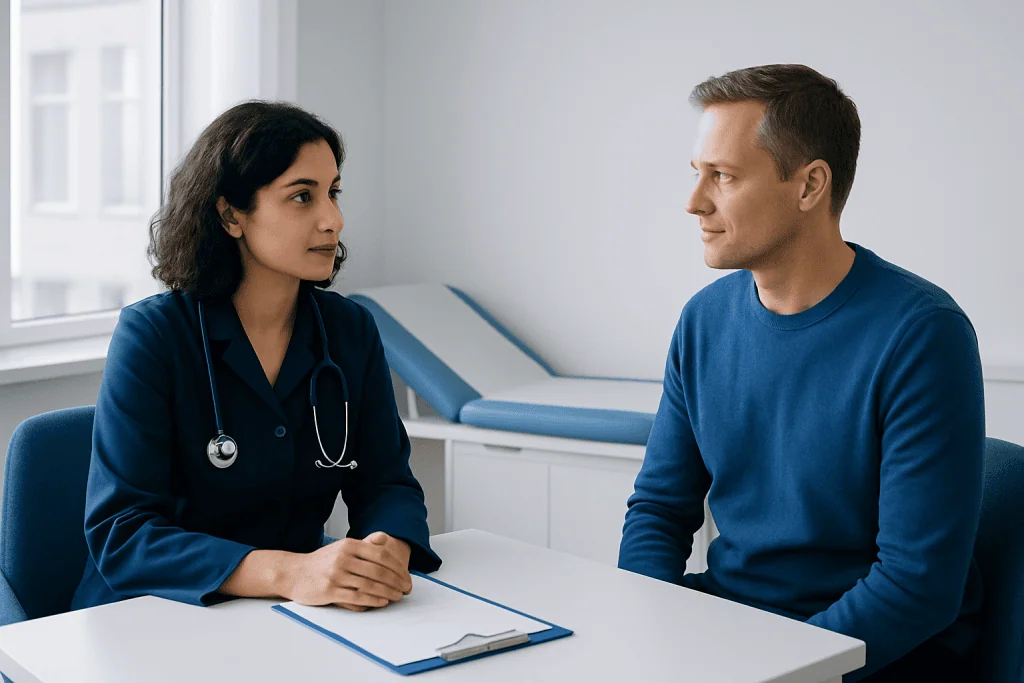 Doctor consulting with a patient in a medical office setting.