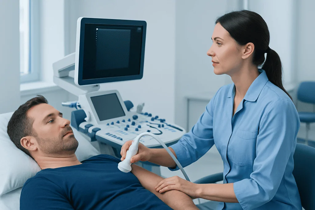 Medical professional performing an ultrasound on a male patient in a clinical setting.