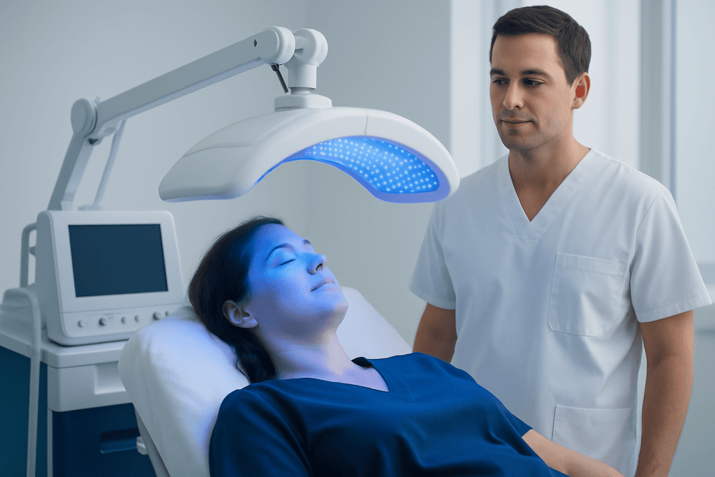 Patient receiving blue light therapy treatment in a medical clinic.