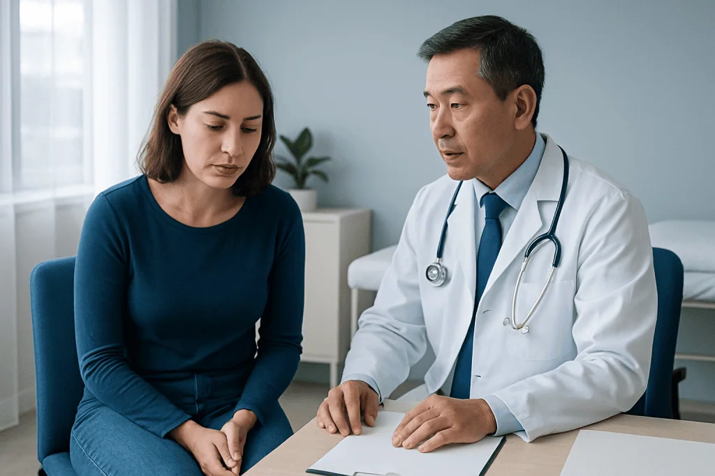 Doctor consulting with a woman about health concerns in a medical office.
