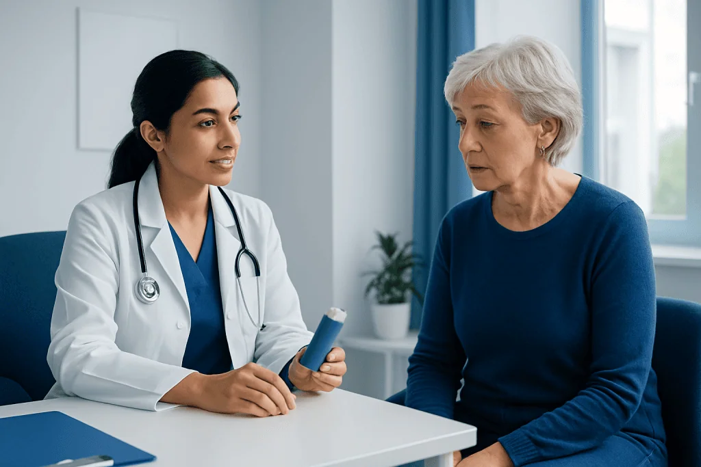 Doctor explaining inhaler use to elderly woman in clinic setting.