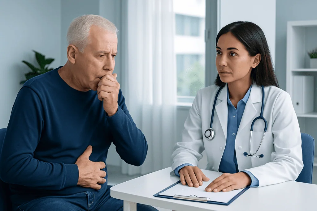 Doctor consulting with an elderly patient about health concerns in a medical office.