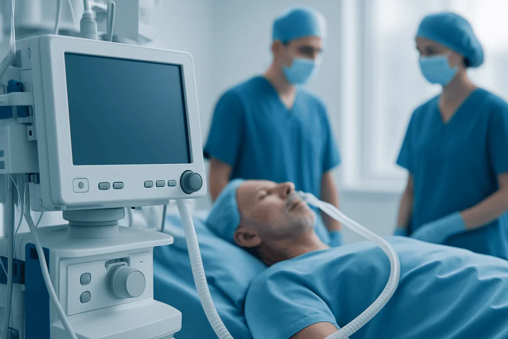 Patient in ICU with medical staff and ventilator in a hospital setting.