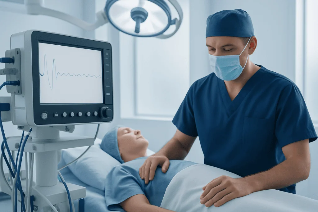 Surgeon monitoring a patient during cardiac surgery in a hospital operating room.